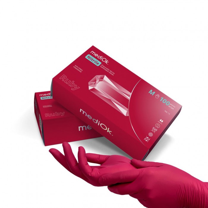 Перчатки одноразовые нитриловые без пудры бордовые RUBY Mediok 100 шт, 3.8 грамм размер М Перчатки одноразовые нитриловые без пудры бордовые RUBY Mediok 100 шт, 3.8 грамм размер М