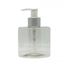 Флакон пластиковий для рідини діаметр горлечка 28 мм прозорий з кришкою-дозатором біло-срібним 300 мл